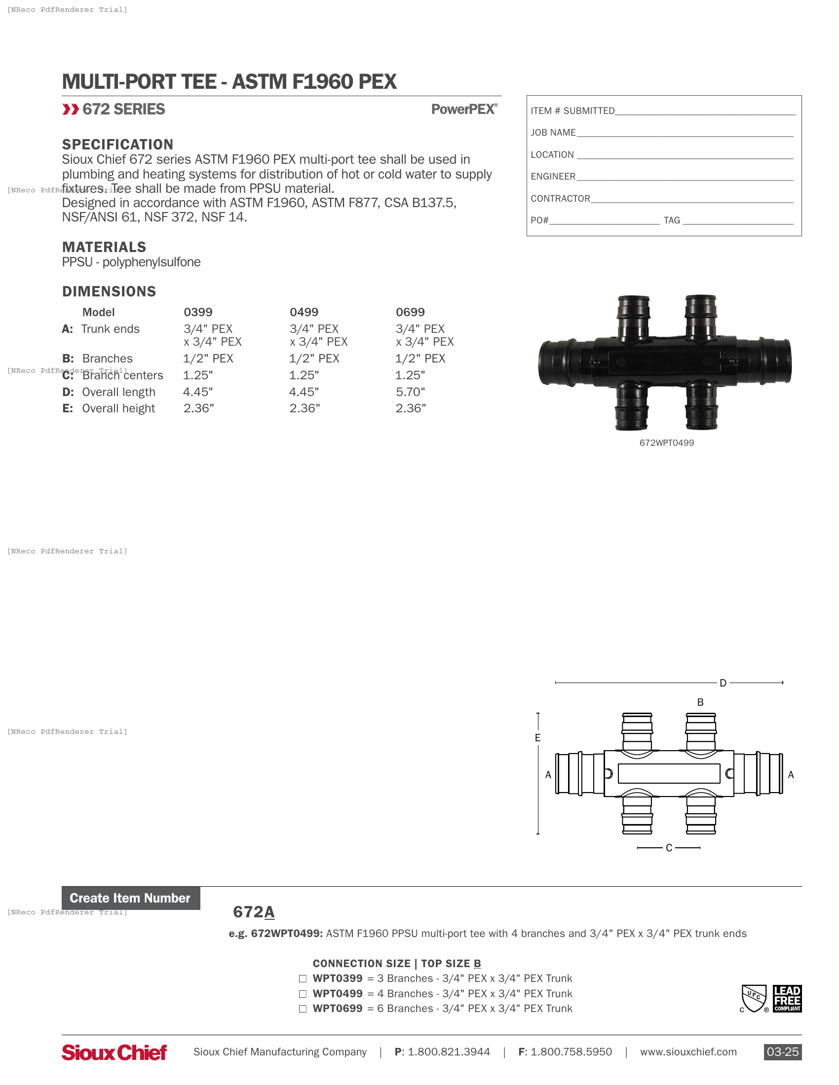 672 SERIES - ASTM F1960 POLY MULTI-PORT TEE - SPEC SHEET.PDF Specification Document
